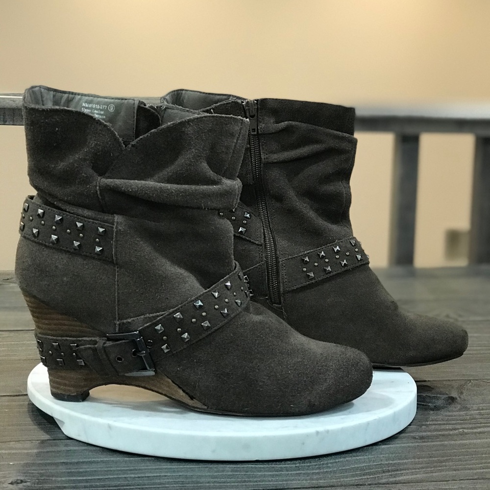 Brown Distressed Leather Slouch Wedge Boots - Picture 3 of 7